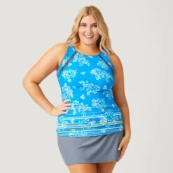 Women's Plus Size Summer Bouquet Highneck Tankini Top -Free Country US SA2106149X CARR BLUE CLOUD GREY 001