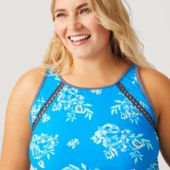 Women's Plus Size Summer Bouquet Highneck Tankini Top -Free Country US SA2106149X CARR BLUE CLOUD GREY 037