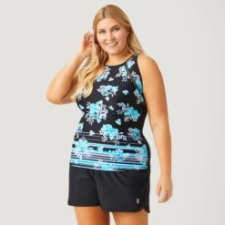 Women's Plus Size Summer Bouquet Highneck Tankini Top -Free Country US SA2106149X PALE ARUBA BLACK 020