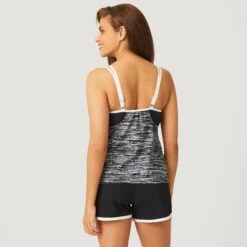 Women's Sparkling Space Dye V-neck Blouson Tankini Top -Free Country US SA2170151 BLACK WHITE 063