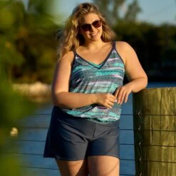 Women's Plus Size Summer Haze V-Neck Blouson Tankini Top -Free Country US SRLSS3170XSRLSS3503X T083 060